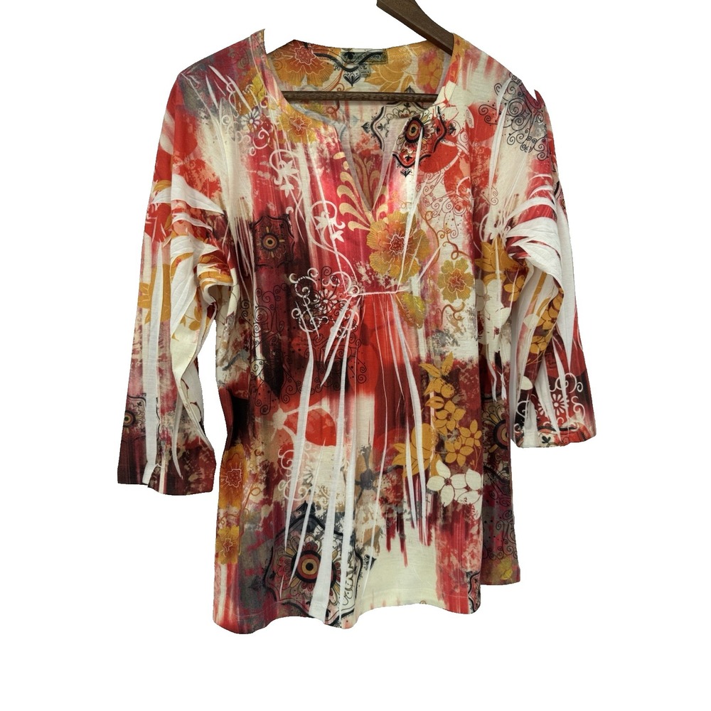 Vintage Suzie Y2K Burnout blouse 3/4th sleeve multicolored florals 90s boho L